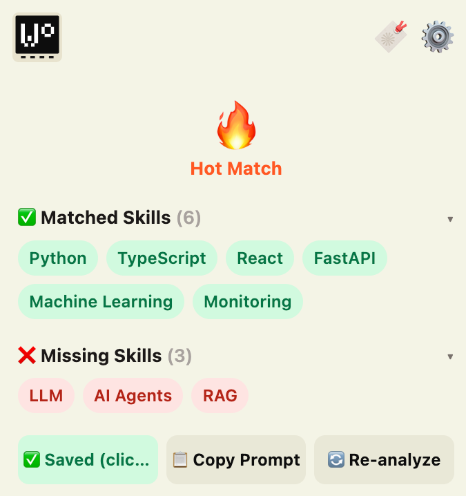Workmostat popup showing a Hot Match score with matched and missing skills listed